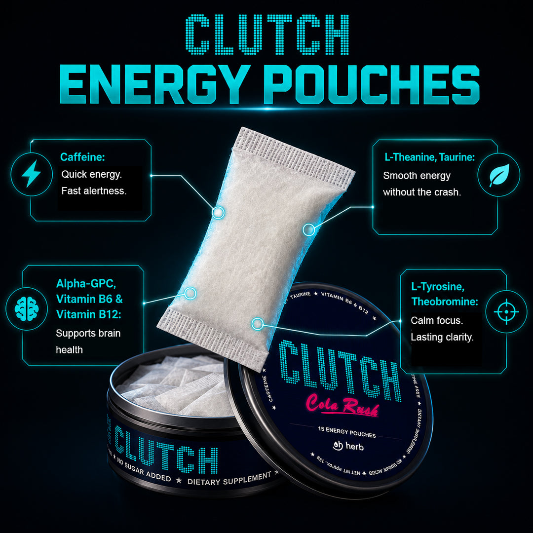 CLUTCH Energy Pouches – Clean Caffeine + Alpha-GPC for Deep Focus & Brain Speed | Cola Rush | Liquid-Free Energy Drink Feel with Vitamins B6 & B12 | Jitter-Free, Zero Sugar, Nicotine-Free (15 Pouches)
