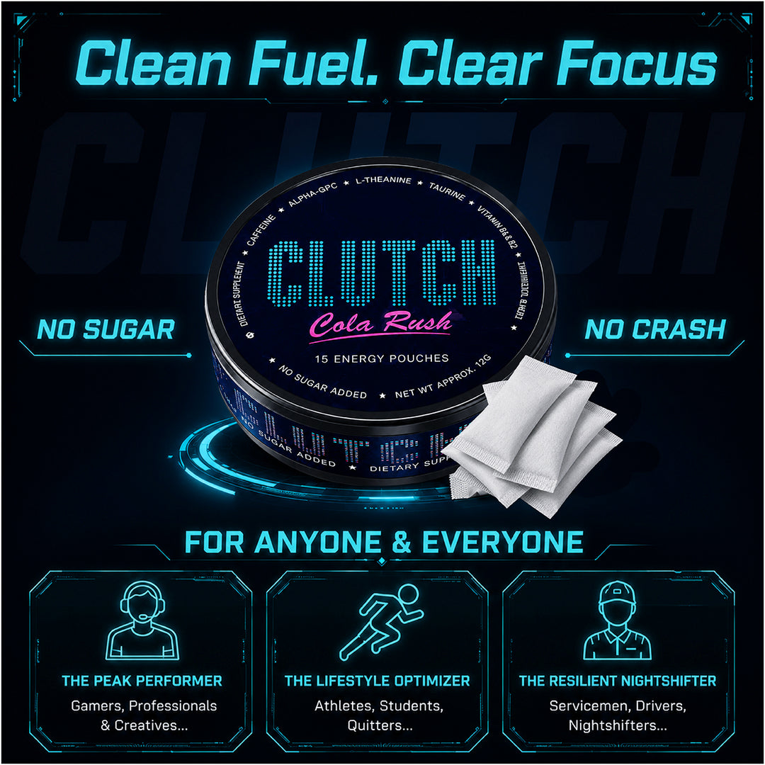 CLUTCH Energy Pouches – Clean Caffeine + Alpha-GPC for Deep Focus & Brain Speed | Cola Rush | Liquid-Free Energy Drink Feel with Vitamins B6 & B12 | Jitter-Free, Zero Sugar, Nicotine-Free (15 Pouches)
