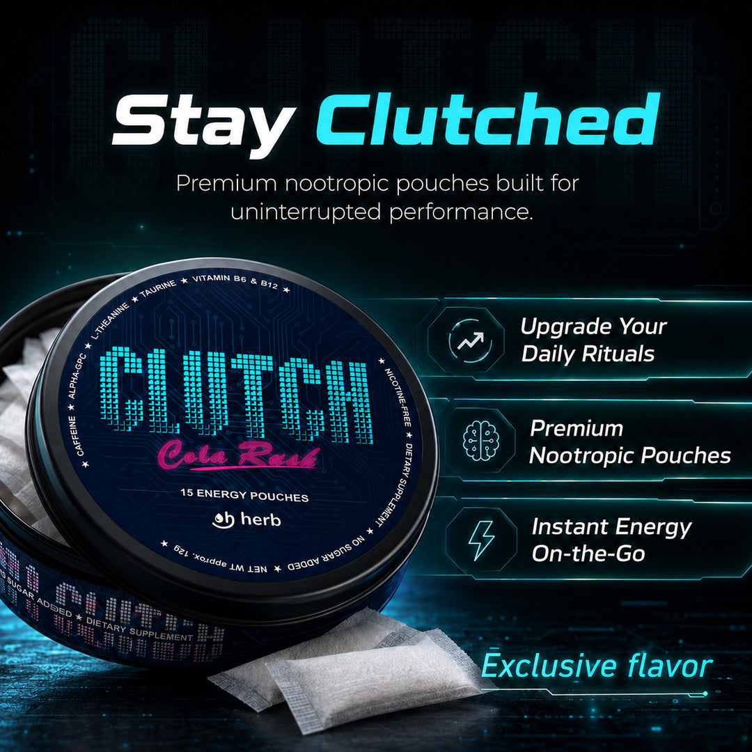 CLUTCH Energy Pouches – Clean Caffeine + Alpha-GPC for Deep Focus & Brain Speed | Cola Rush | Liquid-Free Energy Drink Feel with Vitamins B6 & B12 | Jitter-Free, Zero Sugar, Nicotine-Free (15 Pouches)