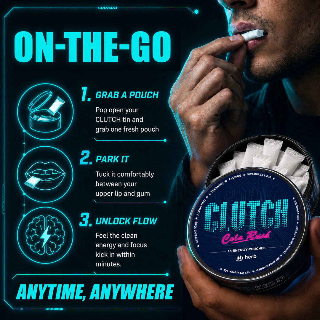 CLUTCH Energy Pouches – Clean Caffeine + Alpha-GPC for Deep Focus & Brain Speed | Cola Rush | Liquid-Free Energy Drink Feel with Vitamins B6 & B12 | Jitter-Free, Zero Sugar, Nicotine-Free (15 Pouches)